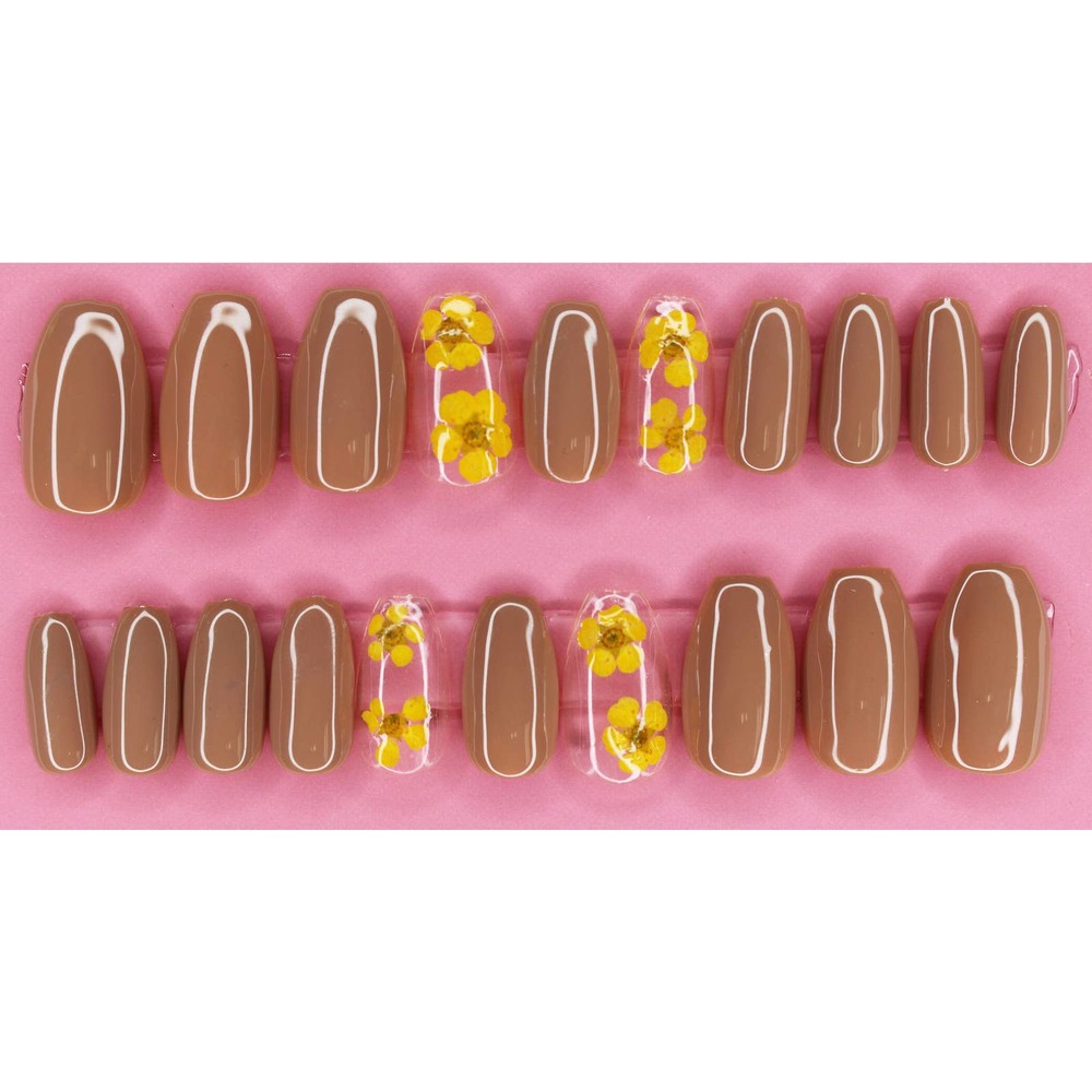 Nude Flower Medium Round Gloss Press On Nails Long